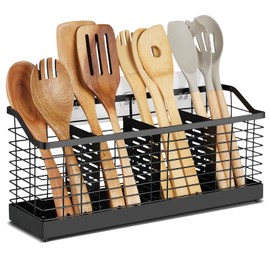 MYITYARD Utensil Holder for Kitchen Counter, Large Cooking Utensil Organizer with 4 Compartments, Matte Black Kitchen Organization for Countertop, Forks, Knives, Spoons, Cooking Tools