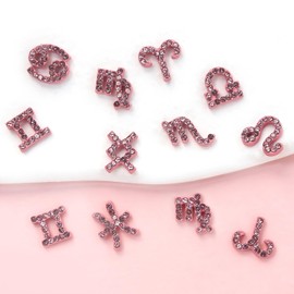 DANNEASY 24pcs Pink Zodiac Signs Nail Charms 3D Zodiac Letters Jewels 12 Constellation Flat-back Rhinestones Charms for Nails Studs Nail Art Decoration for Craft Manicure Salon