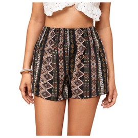 Floerns Women's Summer Tribal Print Elastic Waist Beach Shorts Black Tribal S