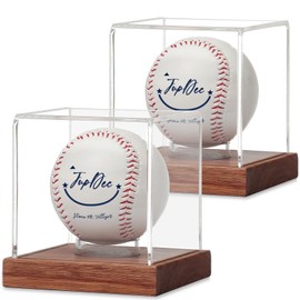 JupDec Baseball Display Case, Clear Cube Baseball Holder with Wooden Base, Autograph Baseball Stand Box for Single Ball, Acacia Wood, Brown, 2 Pack
