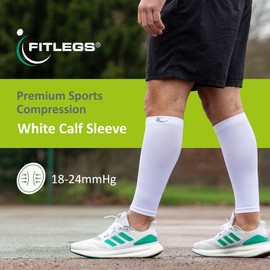 FitLegs - Sports Compression Calf Sleeve - 18-24mmHg for Muscle Fatigue, Soreness & Recovery - White - Large