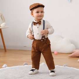 ZOEREA 4-Piece Baby Boys' Clothing Set, 0-18 Months, Christening Clothing, Romper with Bow Tie + Braces, Baby Clothing Sets, Gentleman Suit for Festive Wedding, beige