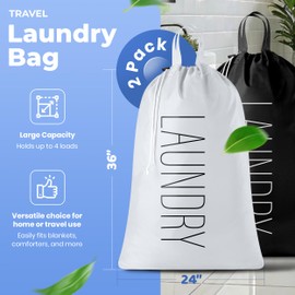 Travel Laundry Bag - 2-Pack - Fun Print Design Bags for Dirty Clothes, Extra Large Capacity, Durable Water Resistant Fabric, Sturdy Drawstring Closure (Black-White | Laundry)