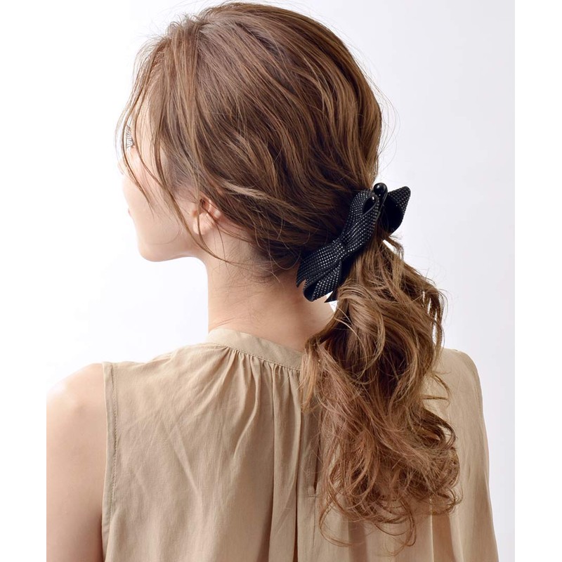 [ヴァンテーヌ] VINGTAINE スタッズ風 リボン Mサイズ ヘッドアクセ シンプル バナナクリップ ヘアアクセサリー H-404-BK