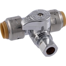 SharkBite Max 1/2 x 1/2 x 3/8 Inch Compression Tee Stop Valve, Push to Connect Brass Plumbing Fitting, PEX Pipe, Copper, CPVC, PE-RT, HDPE, UR24984A