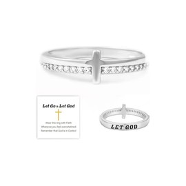 HOLINSE Cross Ring for Women, Engrave Let Go & Let God Dainty Trendy Religious Pray Ring, Cubic Zirconia Purity Ring for Christian, 10, Copper, Cubic Zirconia