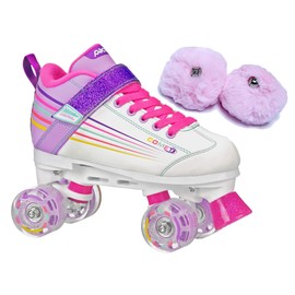Pacer Comet Kids Light Up Roller Skates Bundle with Baby Pink Poms (Kids 4)