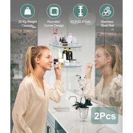 Gugxiom 2-Pack Glass Corner Shower Shelves, Glass Corner Shelf for Bathroom, Wall Mount Bathroom Shelves, SUS 304 Stainless Steel Tempered Glass Shelf with Rail, for Bathrooms and Toilets