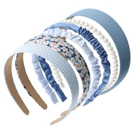 Pack of 6 Women's Headbands, Small Fresh Blue Series Headband, Versatile Hair Band Women's Summer, Headband Girls Plain, Chequered, Pearl, Daisy (Blue, One Size)