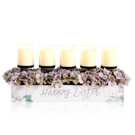 Easter Decor 5-PC LED Candles Happy Easter Decorations Table Centerpiece with Artificial Hydrangea for Easter Holiday Decoration Spring Décor Artificial Plants (White)