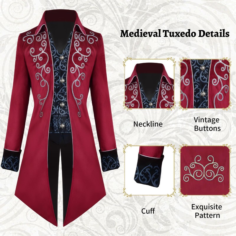 YORDET Medieval Steampunk Men's Tuxedo Gothic Retro Coat Carnival Victorian