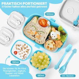 TUSEASY Brotdose Kinder mit Fächern - Leichtgewicht Brotbox Kinder Auslaufsicher - Vesperdose Lunchbox Bento Box kinder für Kindergarten und Schule - BPA-frei | Mikrowellengeeignet - 860 ml - Blau