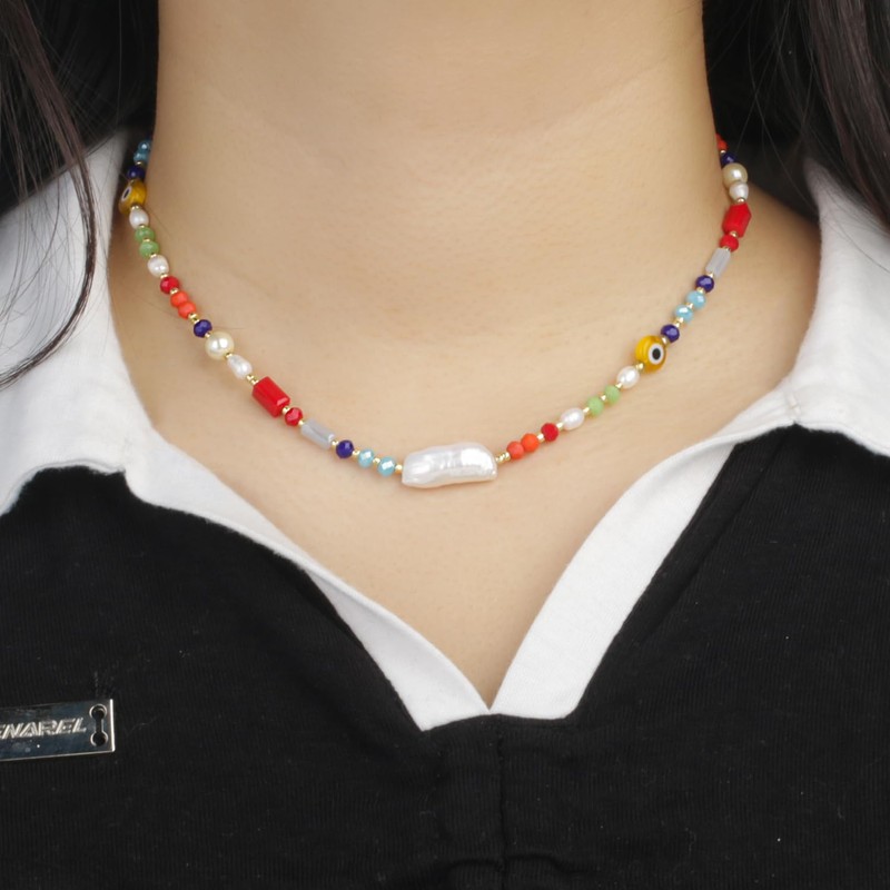 KELITCH Boho Pearls Necklaces Rainbow Choker Necklaces Women Miyuki Beaded