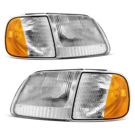 oEdRo Halogen Headlights Replacement w/Corner Parking Set Compatible with 1997 1998 1999 2000 2001 2002 2003 Ford F150 / Expedition Headlamps Chrome Housing Amber Reflector Driver and Passenger