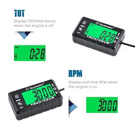 Runleader Operating Hour Counter, Tachometer, Maintenance Hour Counter, Alarm RPM Reminder, Multicoloured Display with Backlight, Adjustable Initial Hours, Waterproof, Black