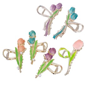 Magik 1~2 Pack Tulip Floral Enamel Large Metal Hair Claw Flower Blossom Hair Clips (2 Pack, Ribbon, Purple)