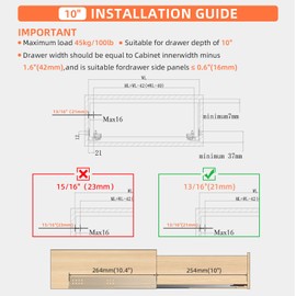 PHWALK 10 12 14 16 18 20 22 Inch Bottom Mount Soft Close Drawer Slides Full Extension Concealed Rails Track 100 lb Load Capacity 1 Pair (Soft Close No Rear Bracket, 10 Inch)