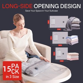 VMstr 15 Pack Travel Vacuum Storage Bags, Vacuum Packing Seal for Luggage and Suitcase, Compression Bags for Travel