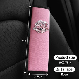 AICEL Car Seat Belt Cover, 2 Pack Bling Rhinestones Rose Seatbelt Shoulder Pads, Strap Cover Harness Pad Help Protect Neck and Shoulder for Comfortable Driving, Compatible with All Cars (Pink/Pink)