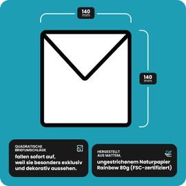 Netuno Square Envelopes in DIN 14 x 14 cm Pointed Flap, Rainbow 80 g, Ideal for Wedding, Christmas, Greeting Cards and Invitations. 50 Pieces Black