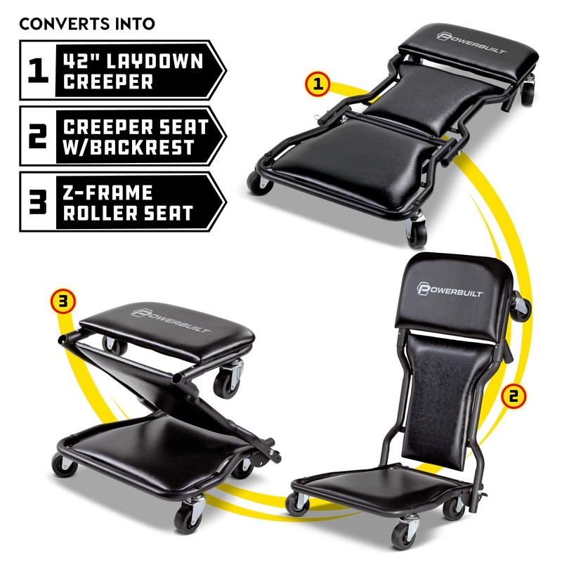 Powerbuilt 42-Inch Triplex Folding Creeper, Rolling Seat, and Brake Stool,