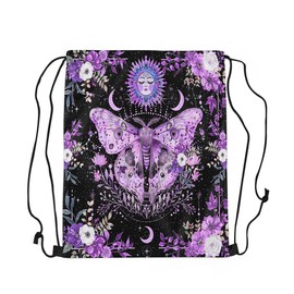 Feelyou Purple Death Moth Drawstring Backpack for Boho Moth Drawstring Bags Sun Moon Butterfly Sports Drawstring Sackpack Decor Boho Floral Waterproof Cinch Bag