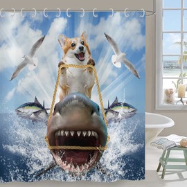 Hnmdmyi Funny Shower Curtain, 180 x 200 cm, Cool Dog Riding Shark Shower Curtains, Ocean Sea Waves Seagull Fish Blue Cute Kids Boys Bath Curtain Waterproof Fabric Washable Bath Curtain