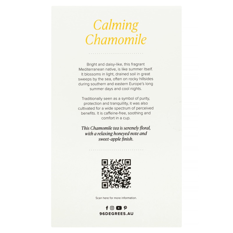 96° Chamomile Tea - 20 Pyramid Tea Bags, Individually Wrapped,