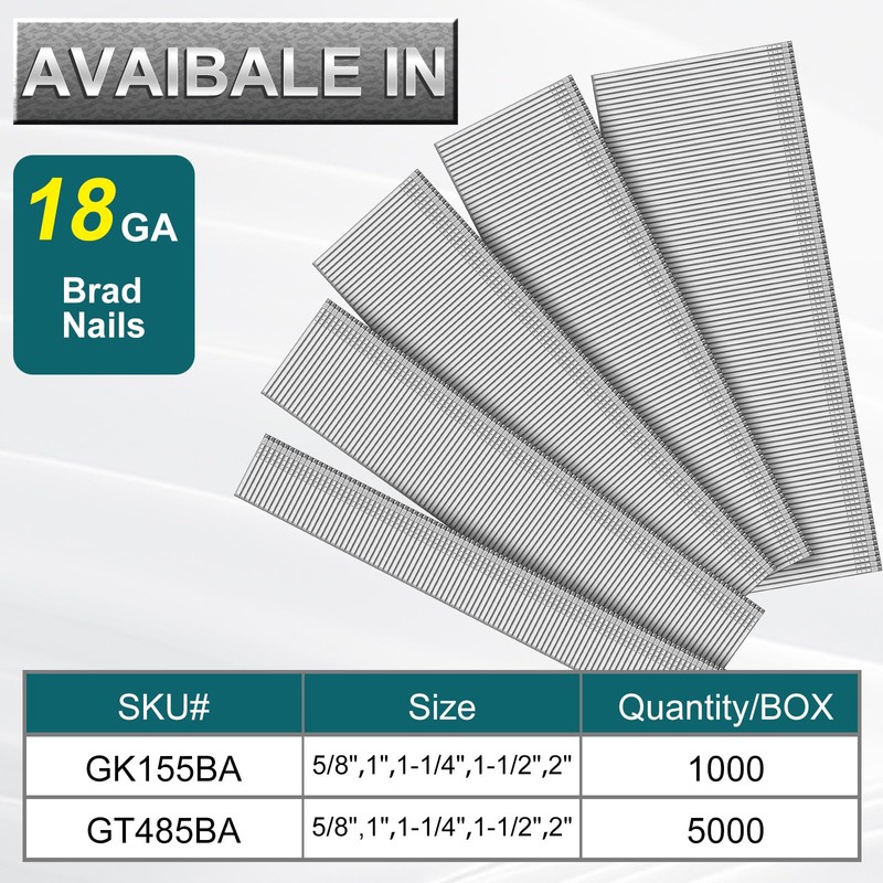 Toicann18 Gauge Galvanized Brad Nails(2",1-1/2",1-1/4",1",5/8") 18 GA Universal Nail Gun