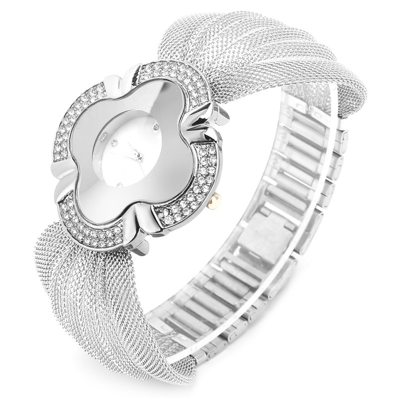 Flower Shape Dial Women Watch Wide Mesh Belt Quartz Elegant
