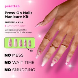 PaintLab Press-On Nails Manicure Kit, Butterfly Kiss, 30-Piece Set, Long-Lasting Fake Nails with Glue, File, Prep Pad & Cuticle Stick