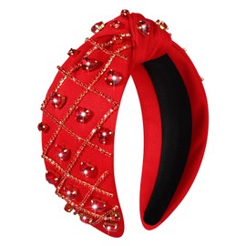 YAHPERN Valentine’s Day Headband for Women Red Pink Heart Knotted Headband Jeweled Rhinestone Crystal Wide Top Knot Hairband Valentine’s Day Hair Accessories Holiday Gifts (Crystal Heart Red)