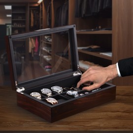 Luxury Wooden Watch Box for Men - 6-Slot Display Case With Real Glass Top - Jewelry Organizer for Sunglasses, Cufflinks, Rings, Brooches