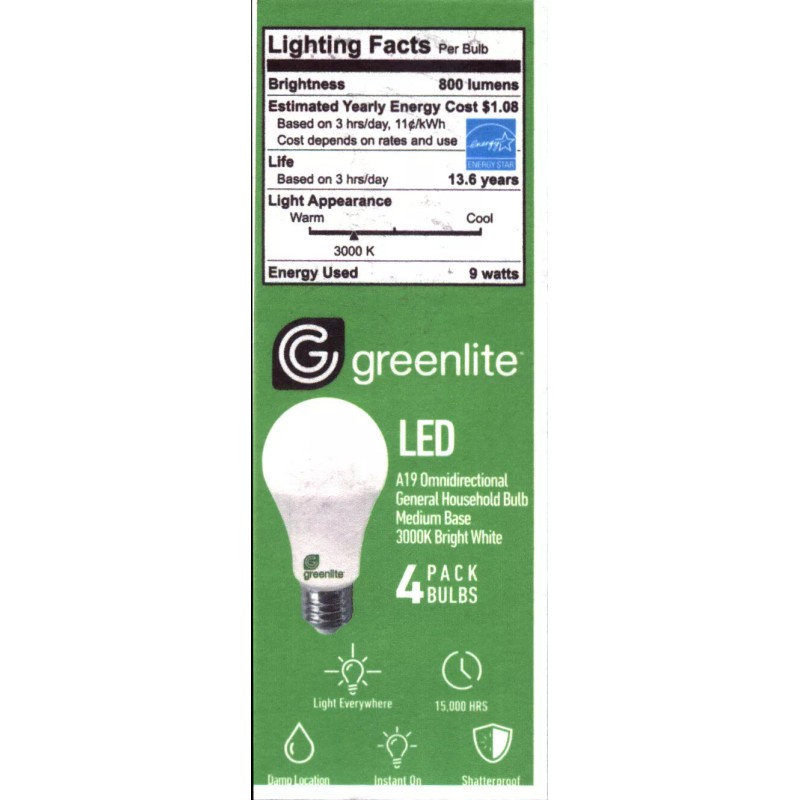 Greenlite 4 Pack 9W LED Light Bulbs GREENLITE 60Watt Equivalent