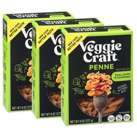 Veggiecraft Farms Penne Pasta - Low Carb Pasta, High Protein, Made with Cauliflower, Lentil & Peas, Gluten Free, Plant Based Pasta Noodles, High Fiber, Vegan, Kosher, Non-GMO - 8 Oz (Pack of 3)
