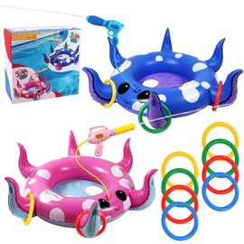 2 Pack Octopus Kids Pool Floats with Water Gun & Ring Toss Game, Summer Swimming Inflatable Pool Toys for Kids Ages 3-8, Outdoor Beach Water Play Gifts for Toddlers (Blue & Pink)
