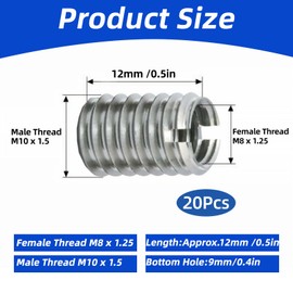 Pack of 20 M10 to M8 Thread Reducer, Stainless Steel, Threaded Insert Screw Reducer Adapter, Repair Sleeve Insert Nut for Mechanical Engineering, Automotive Industry, Mechanical Devices