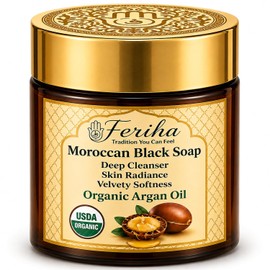 FERIHA- Jabón negro marroquí de primera calidad con aceite de argán orgánico, 100% auténtico, jabón artesanal Beldi, de origen Cr