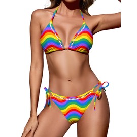 Zojuyozio - Traje de baño de dos piezas para mujer, triángulo, hueco, traje de baño con cordón descarado, Arco iris, M