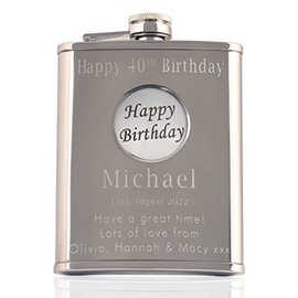Mens 40th Birthday Stainless Steel Engraved Hip Flask with Solid Pewter 'Happy Birthday' Feature