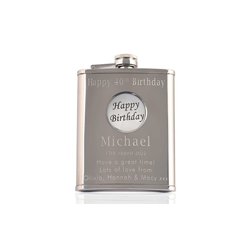 Mens 40th Birthday Stainless Steel Engraved Hip Flask with Solid
