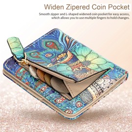 APHISON Purses for Women Small Wallet with Zipper RFID Blocking Slim Vegan Leather Wallet Bifold Card Holder Coin Pocket Ladies Purse with ID Window Peacock