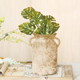 Glass Flower Vase with Handle- 8 Inches Rustic Imitation Ceramic Vase for Flowers, Vintage White Brown Centerpiece Decorations for Farmhouse, Modern Home, Table & Holiday Decorations