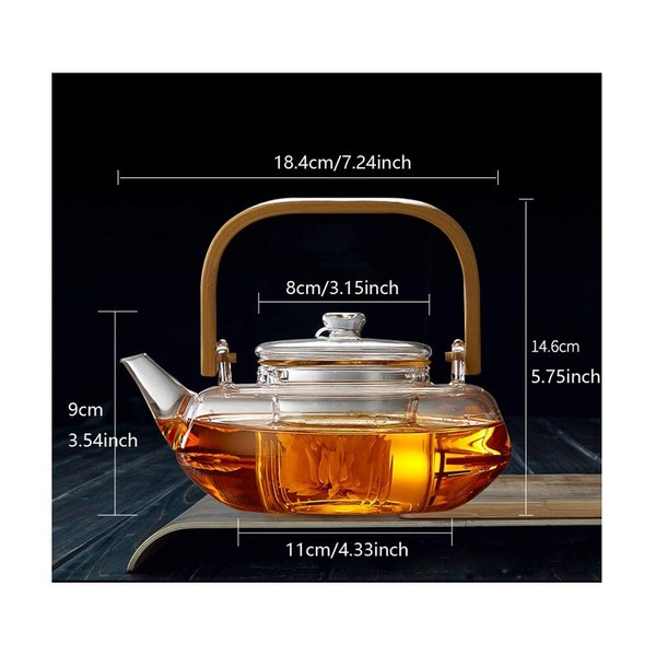 800ml Glass Teapot With Glass Infuser, Teapot With Strainer For Loose Tea, Safe On Stovetop, Tea Pot With Bamboo Handle (800ML/28oz)