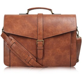 ESTARER Men's Leather Briefcase 15.6 Inch Laptop Messenger Bag for Business/Travel/Office, Professional Faux Leather Computer Satchel Shoulder Bag, Classic Brown