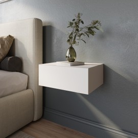 Lumivara Aeris Floating White Modern Nightstand with Storage Drawer, Minimalist Scandinavian, Made with Natural Pine Wood, Wall Mounted Bedside End Table for Bedroom and Living Room