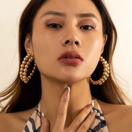 TseenYi Pearl Hoop Earrings Boho Copper Beads Oval Hoop Earrings Vintage Bead Ball Huggie Hoop Earrings Gold Chunky Beads Hoop Earrings Jewellery for Women and Girls, Alloy Steel