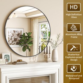 VETROVUE Black Round Mirror, 30 Inch Bathroom Mirrors for Wall, Wall-Mounted Circle Mirror with Metal Frame, Wall Mirror for Entryway, Bathroom, Vanity, Living Room