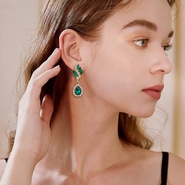 EleQueen Women's Austrian Crystal Art Deco Tear Drop Dangle Earrings Clip-on Gold-tone Emerald Color