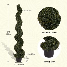 LAIMENNI 5ft Artificial Spiral Topiary Trees Outdoor Set of 2 – Faux Boxwood Bushes Shrubs, Fake Potted Plants for Front Porch Planter Indoor Outside Decor, UV Resistant 5 Foot